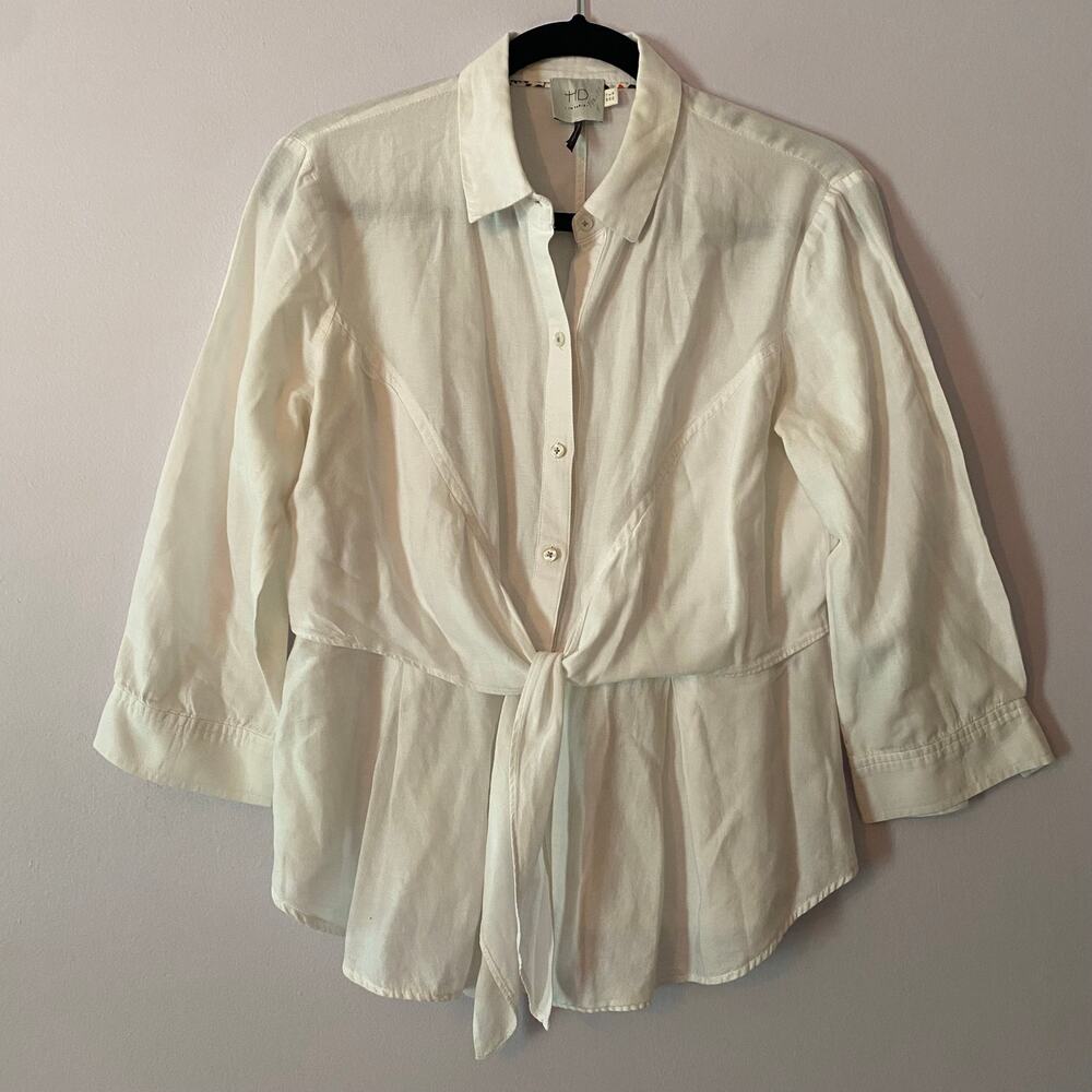 HD in Paris Anthropologie White Button Down Preppy Blouse Front Tie Cotton 8